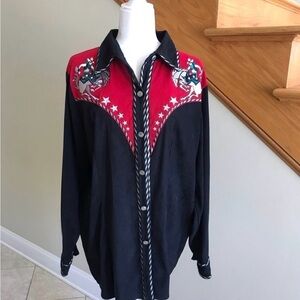 Bob Mackie Wearable Art Western Shirt Sz 1X Cowboy Bucking Horses Red Black